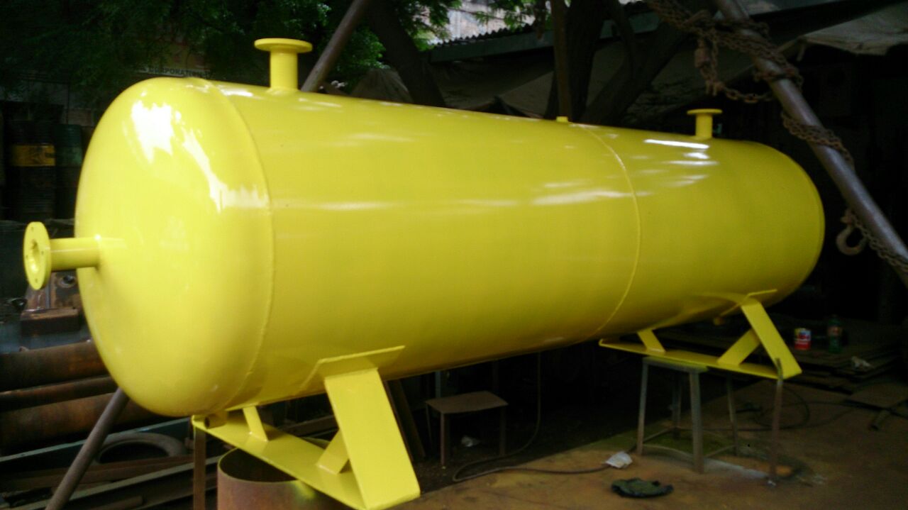 Yellow horizontal receiver tank with flanged connections and support legs in the Aircon gallery